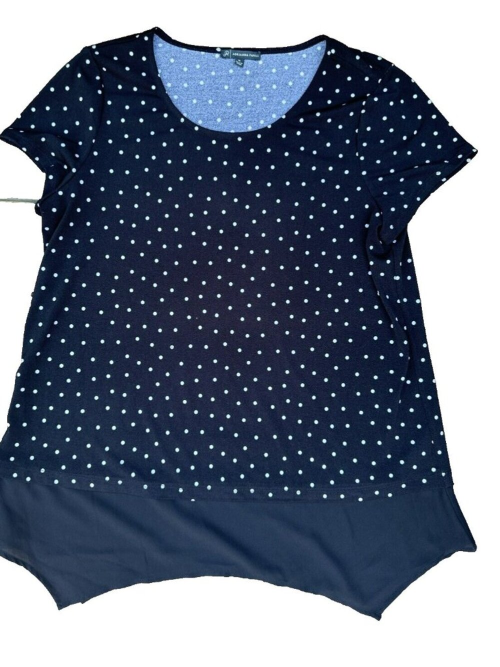 Adriana Papel Women's Top Blouse T-Shirt Med Polka Dot Black Mesh Bottom Career